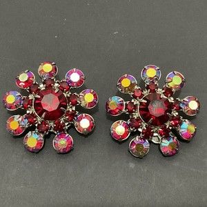 Vintage Earrings Red Aurora Borealis Rhinestones/Crystals Silvertone Finish